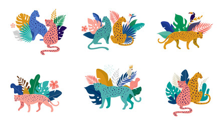 Tropical exotic animals and birds - leopards, tigers, parrots and toucans vector illustration. Wild animals in the jungle, rainforest