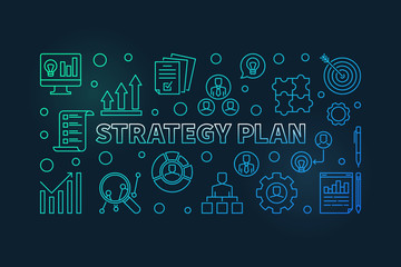 Fototapeta na wymiar Strategy Plan horizontal colorful outline banner or illustration on dark background