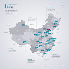 China vector map with infographic elements, pointer marks.
