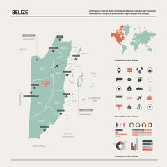 Vector map of  Belize.  High detailed country map with division, cities and capital Belmopan. Political map,  world map, infographic elements.