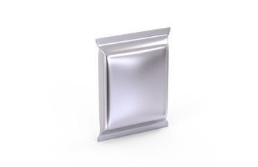 Blank Aluminium Foil Food Snack Sachet Bag Packaging For Chips, Coffee, Salt, Sugar, Pepper, Spices, Sachet, Sweets and Cookies. Mock Up Template On Isolated White Background, 3D Illustration