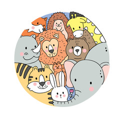 Cartoon cute face wildlife animals vector. Doodle circle frame.