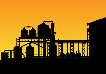 Silhouette of a manufature factory building with towers, tubes and production pipes for chemical industry