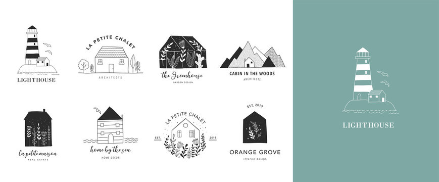 Collection Of The Hand Drawn Home, House Logos, Icons, Gardens And Cabins. Vector Illustrations