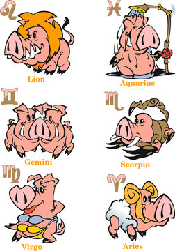 The illustration shows a set of zodiac signs Leo, Gemini, Scorpio, Virgo, Aries, Aquarius for the astrological horoscope in the new Chinese Year of the Pig 2019.
