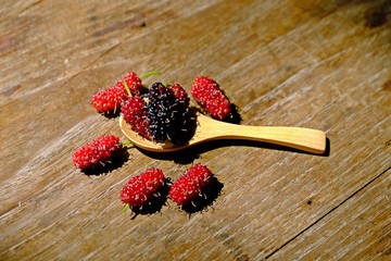 Close shot of pieces of red and ripen mulberry in wooden spoon and many mulberries laying on wooden...