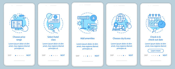 Hotel room booking onboarding mobile app page screen vector template
