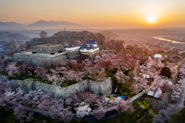 津山市鶴山公園の桜と夜明けの風景をドローンから望む、美しい朝の景色