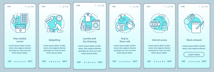 Cruise facilities onboarding mobile app page screen vector template