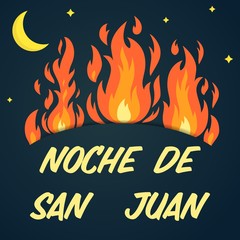 Vector festive poster Night of Saint John with bonfires, text on dark blue sky. Spanish translation Noche de San Juan. Greeting card to celebrate the summer solstice, banner. Popular Event in Spain.