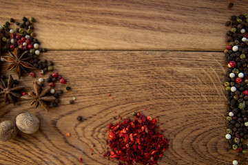 Spices on wooden background. For poster, card, banner, flyer, menu.