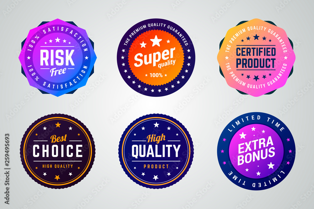 Wall mural Set of colorful vector badges. Risk free, super quality, certified product, best choice, high quality and extra bonus badges. 