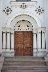 Entrance door of St. Michael the Archangel's Church in Kaunas. Beautiful european church in Lithuania.