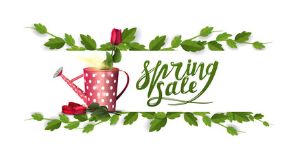 White horizontal spring sale banner with frame of liana and rose in the watering can