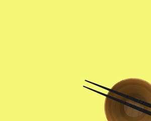 Empty rice bowl with chopsticks, isolated on yellow background, top view, 3D illustration –illustration 