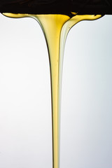 Pouring honey or golden liquid on white background.