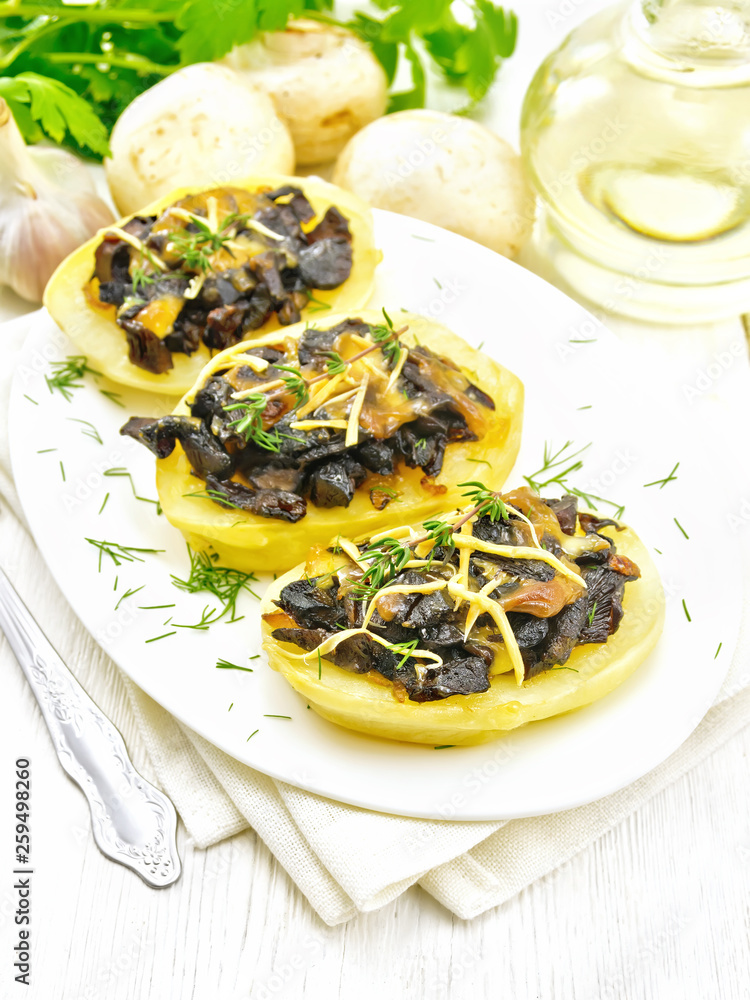 Poster Potatoes stuffed with mushrooms on table