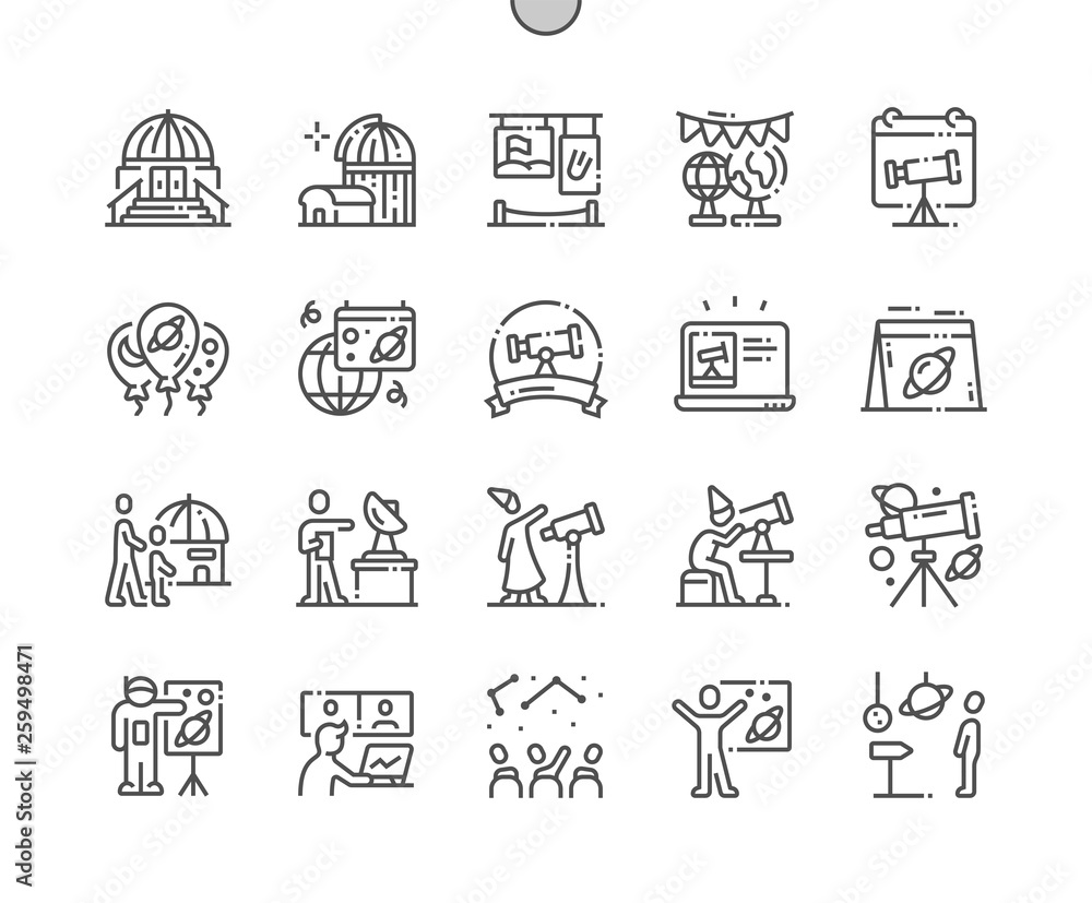 Poster astronomy day well-crafted pixel perfect vector thin line icons 30 2x grid for web graphics and apps