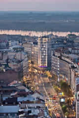 Fototapeta na wymiar Belgrade, Serbia March 31, 2019: Aerial Shot of Terazije square and Palace of Albania in the central town and the surrounding neighborhood of Belgrade. It is located in the municipality of Stari Grad.