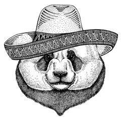 Panda, bamboo bear wearing traditional mexican hat. Classic headdress, fiesta, party.