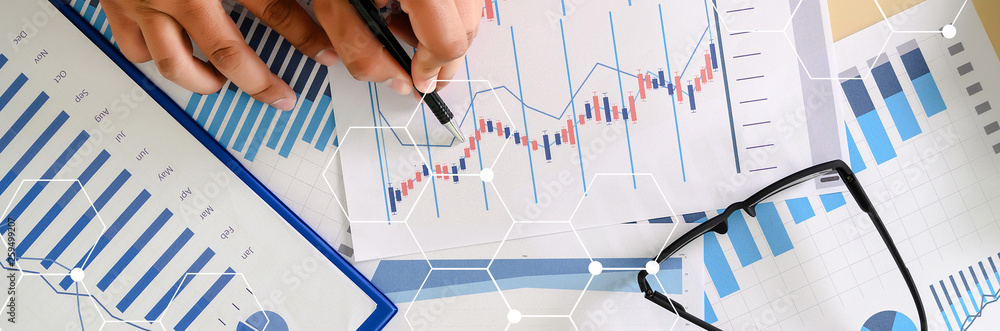 Poster close up businessman using calculator on documents unrecognizable finance use calculate about cost a