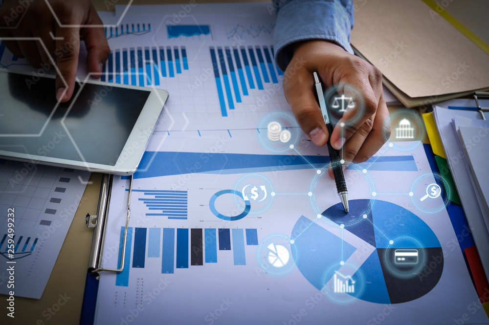 Poster working team meeting concep graph financial with social network diagram discussing data analysis dat