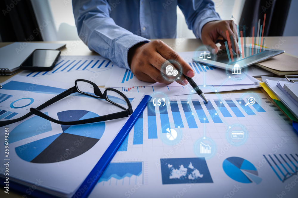 Poster working team meeting concep graph financial with social network diagram discussing data analysis dat