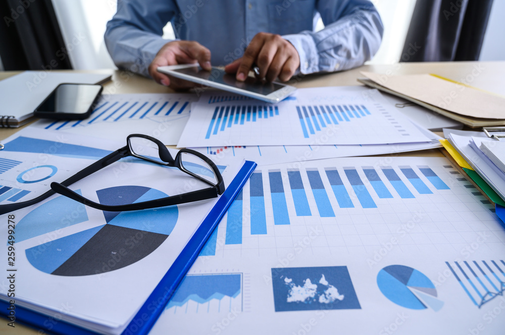 Poster business documents on office graph financial with social network diagram discussing data analysis da