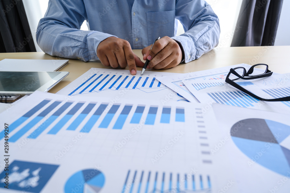 Poster business documents on office graph financial with social network diagram discussing data analysis da