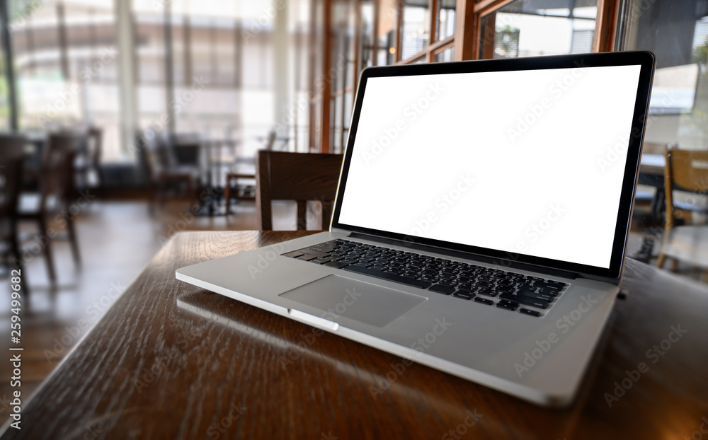 Poster mockup image of business laptop with blank screen on table blank copy space screen for your advertis