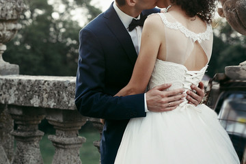 wedding couple hugging on background of old castle. elegant bride and groom gently embracing. man in classic suit with bow tie and woman in white dress with pearls. space for text.