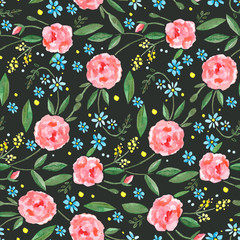 Seamless pattern with watercolor roses, leaves, branches and small blue flowers