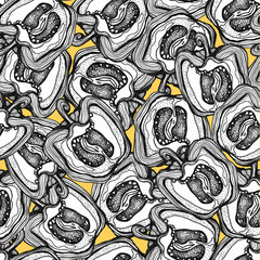 Hand drawn black and white seamless pattern with peppers
