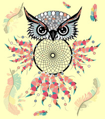 Artistic owl with Dreamcatcher. Graphic arts, dotwork