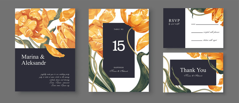 Botanical wedding invitation card. Template design with yellow tulips flowers and leaves. Modern, realistic style, hand drawn illustration. Collection of Save the Date and RSVP in vector EPS format.