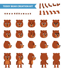 Cartoon teddy bear creation set. Various gestures, emotions, diverse poses, views. Create your own pose, animation. Flat design vector illustration