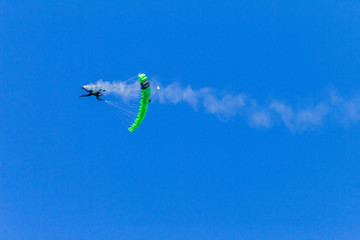 Skydiver Skydiving  Green Parachute Flight Blue Sky