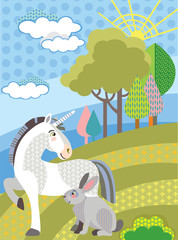Vector cartoon unicorn and rabbit
