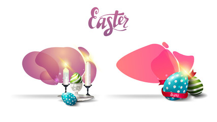 Happy Easter, two fluid color badges template with Easter eggs and candles