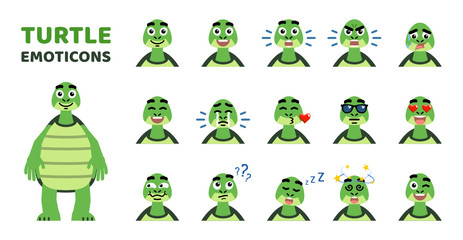 Set of cartoon turtle emoticons. Funny turtle avatars showing various facial expressions. Happy, sad, laugh, cry, angry, sleepy, dazed, serious and other emotions. Flat style vector illustration