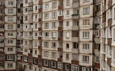 Soviet building in Riga, Latvia. Full view, background. Closeup of typical soviet residental...