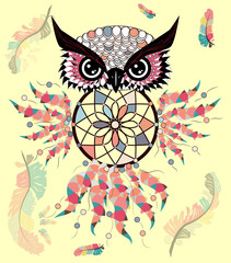 decorative dream catcher in graphic style with owl skull