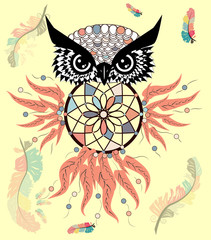 decorative dream catcher in graphic style with owl skull