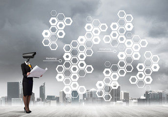 Concept of security and privacy protection with camera headed woman