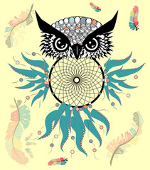 Artistic owl with Dreamcatcher. Graphic arts, dotwork