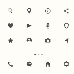 Set of social network icons, media interface buttons: home, camera, comment, search, photo camera, heart, like, user story. Black and white colors. Vector illustration. EPS 10
