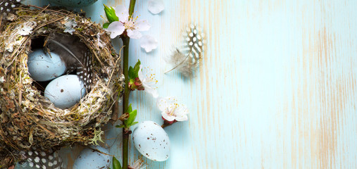 decorated Easter eggs in nest and spring flower on table background