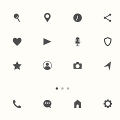 Set of social network icons, media interface buttons: home, camera, comment, search, photo camera, heart, like, user story. Black and white colors. Vector illustration. EPS 10