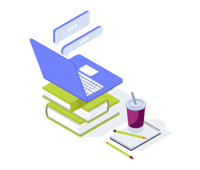 Lerning workdesk. Laptop, books, notebook and coffee. Isometric objects on a white background