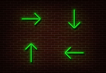 Neon green arrows isolated on brick wall. Light direction sign effect. Neon arrows vector illustrati